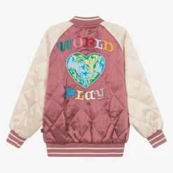 Girls Pink Quilted Satin Bomber Jacket