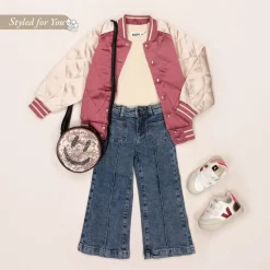 Girls Pink Quilted Satin Bomber Jacket