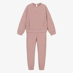 Girls Pink Ribbed Flower Tracksuit