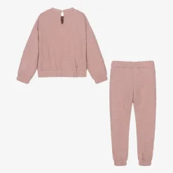 Girls Pink Ribbed Flower Tracksuit