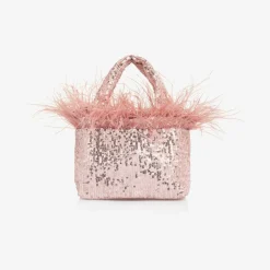 Girls Pink Sequin & Feather Handbag (20cm)