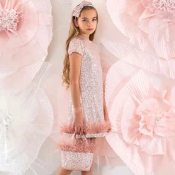 Girls Pink Sequin & Feather Handbag (20cm)