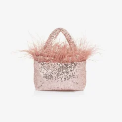 Girls Pink Sequin & Feather Handbag (20cm)