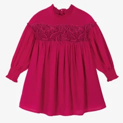 Girls Pink Silk Guipure Lace Dress