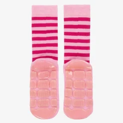 Girls Pink Striped Cat Slipper Socks