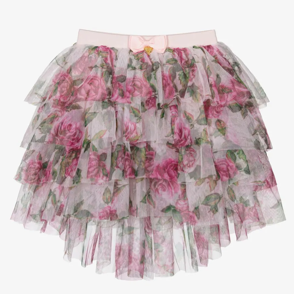 Girls Pink Tulle Rose Print Skirt