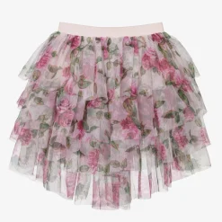 Girls Pink Tulle Rose Print Skirt