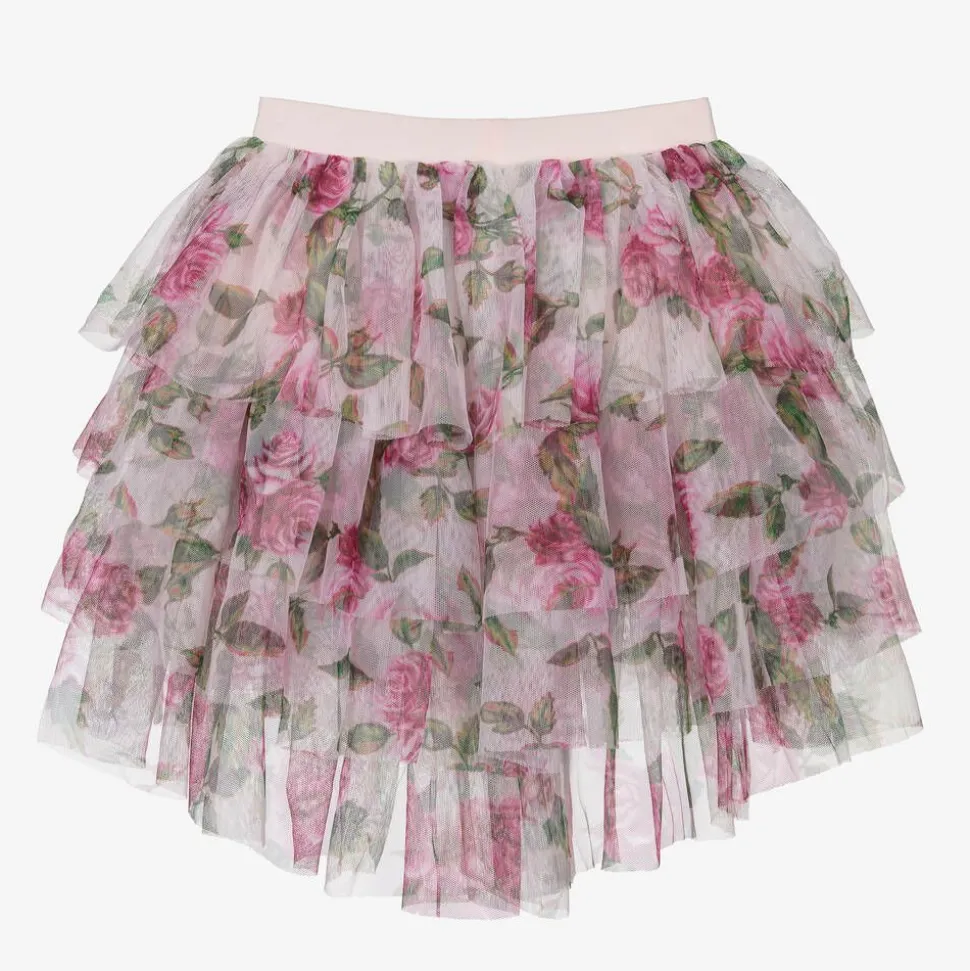 Girls Pink Tulle Rose Print Skirt