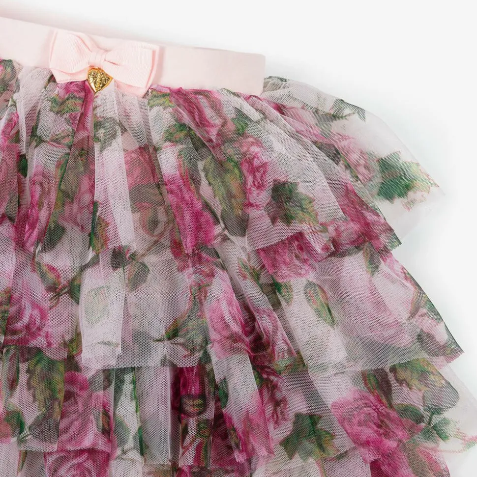 Girls Pink Tulle Rose Print Skirt