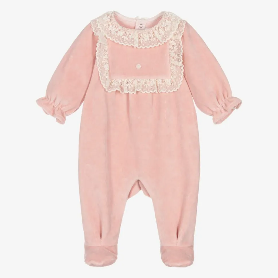 Girls Pink Velour & Lace Babygrow