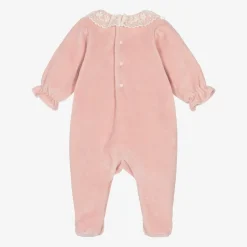 Girls Pink Velour & Lace Babygrow