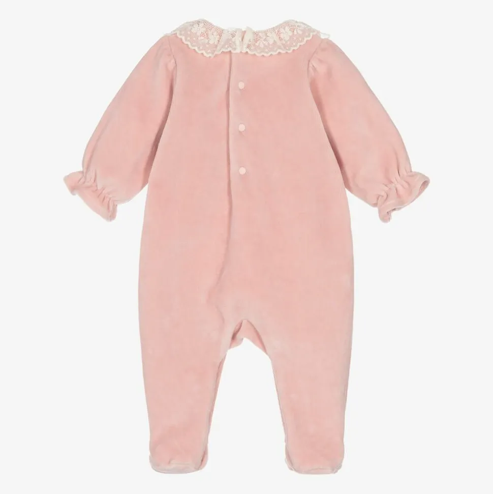 Girls Pink Velour & Lace Babygrow