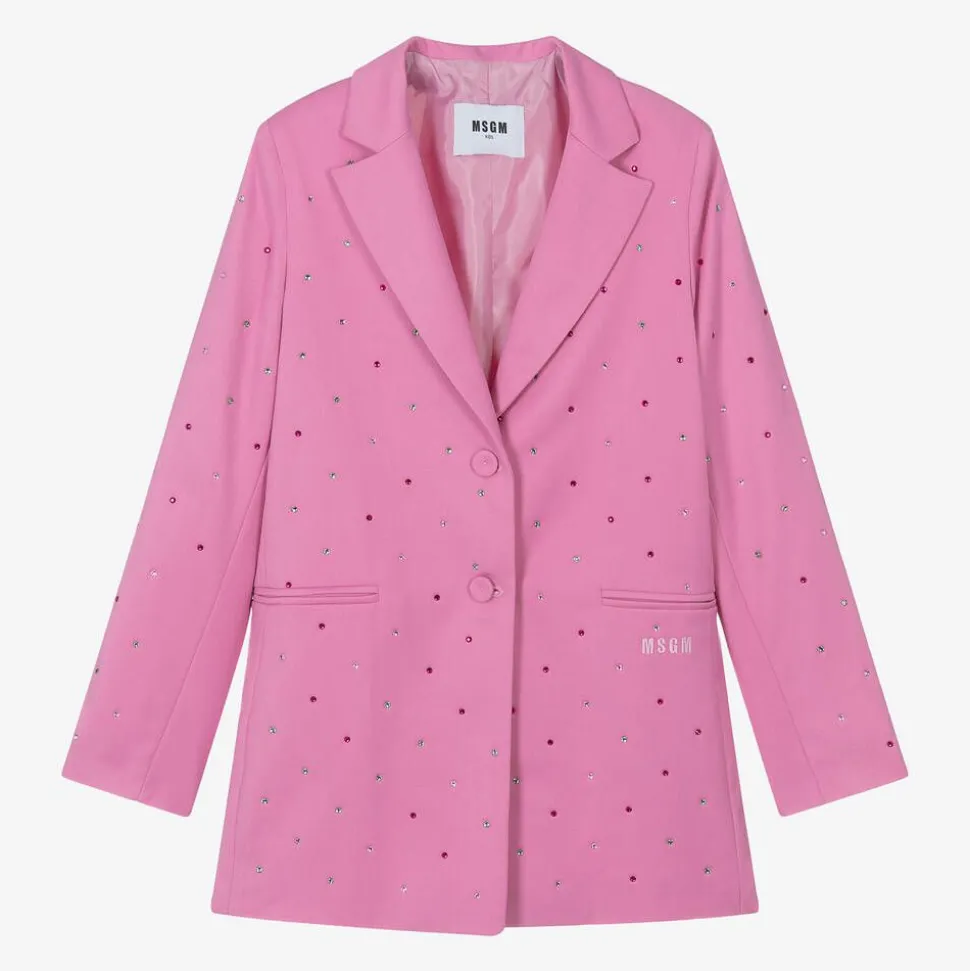 Girls Pink Viscose Rhinestone Blazer