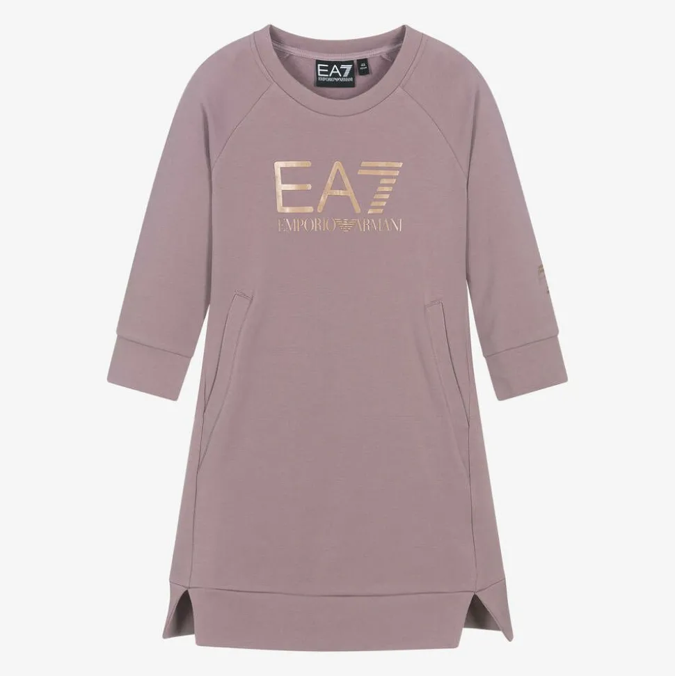 Girls Purple Cotton EA7 Sweatshirt Dress