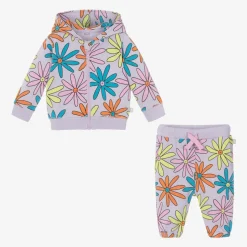 Girls Purple Cotton Flower Print Tracksuit