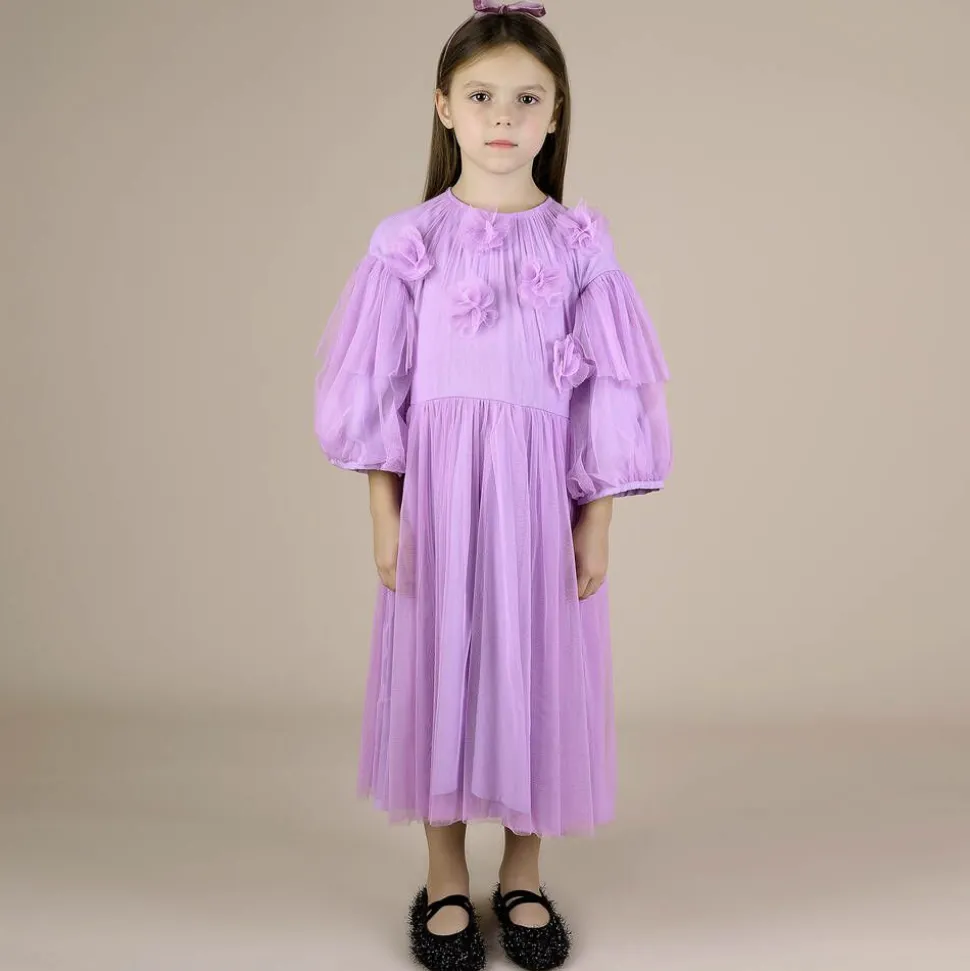 Girls Purple Tulle Flowers Dress