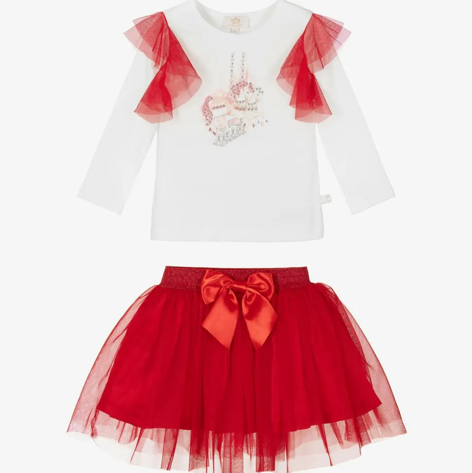 Girls Red & White Cotton Skirt Set