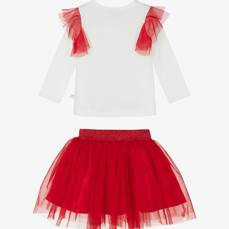 Girls Red & White Cotton Skirt Set