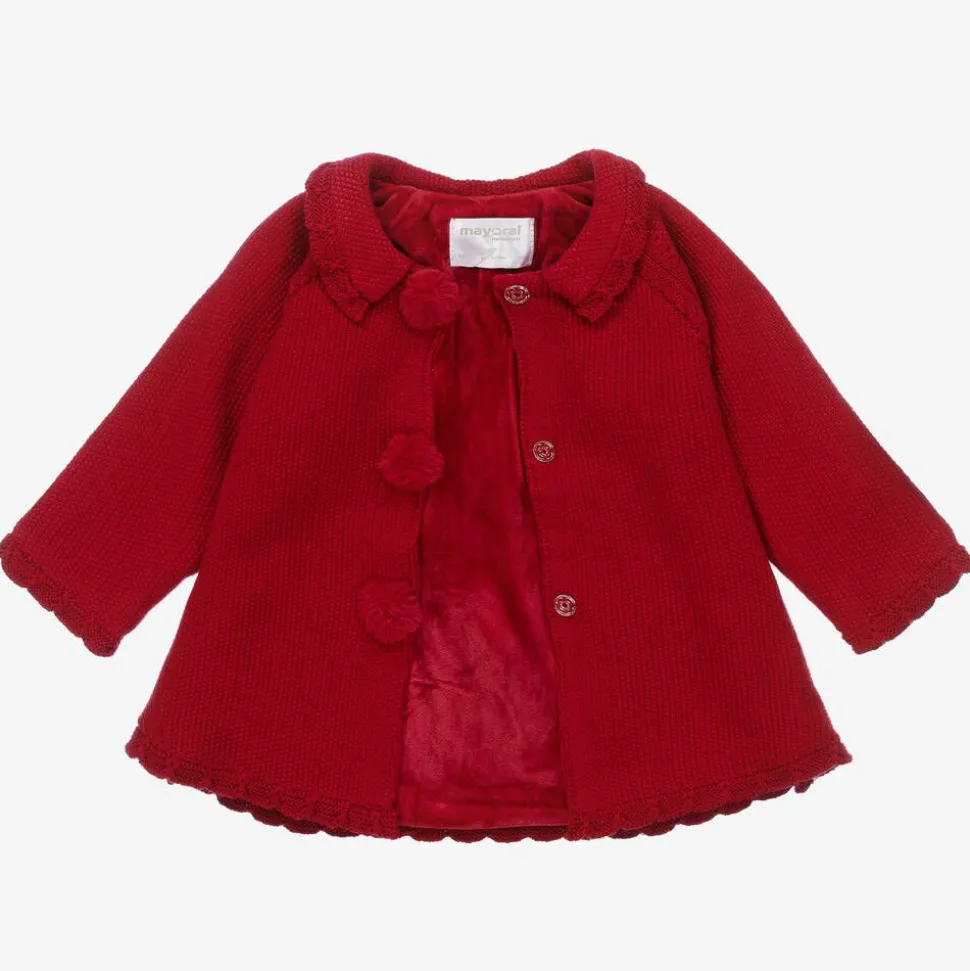 Girls Red Knitted Pram Coat & Hat Set