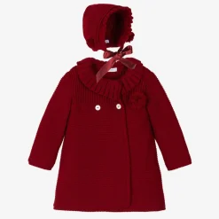 Girls Red Knitted Pram Coat & Bonnet Set