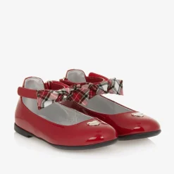 Girls Red Patent Leather Tartan-Bow Pumps