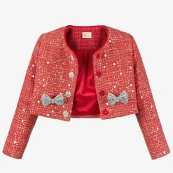 Girls Red Sequinned Tweed Jacket