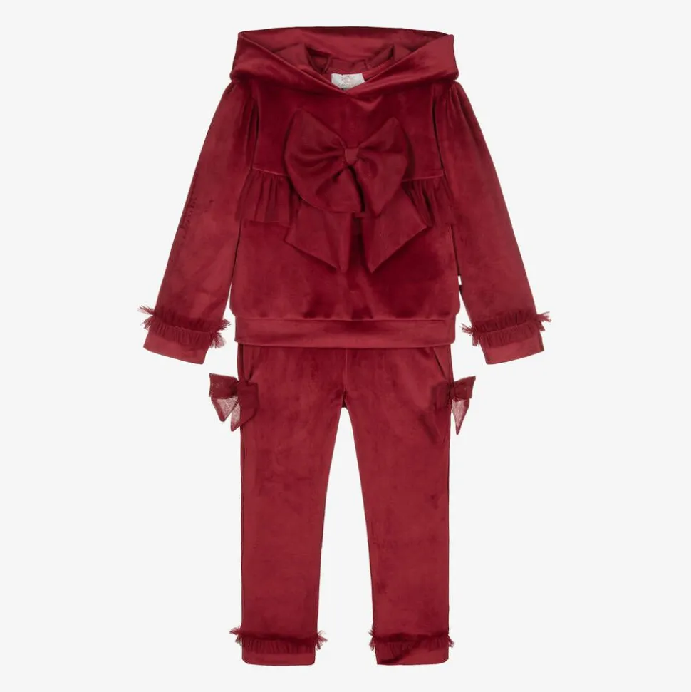 Girls Red Velour & Tulle Bow Tracksuit