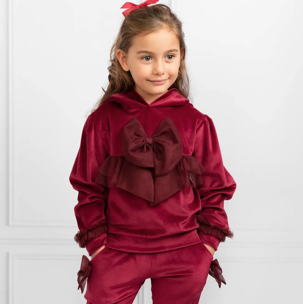 Girls Red Velour & Tulle Bow Tracksuit