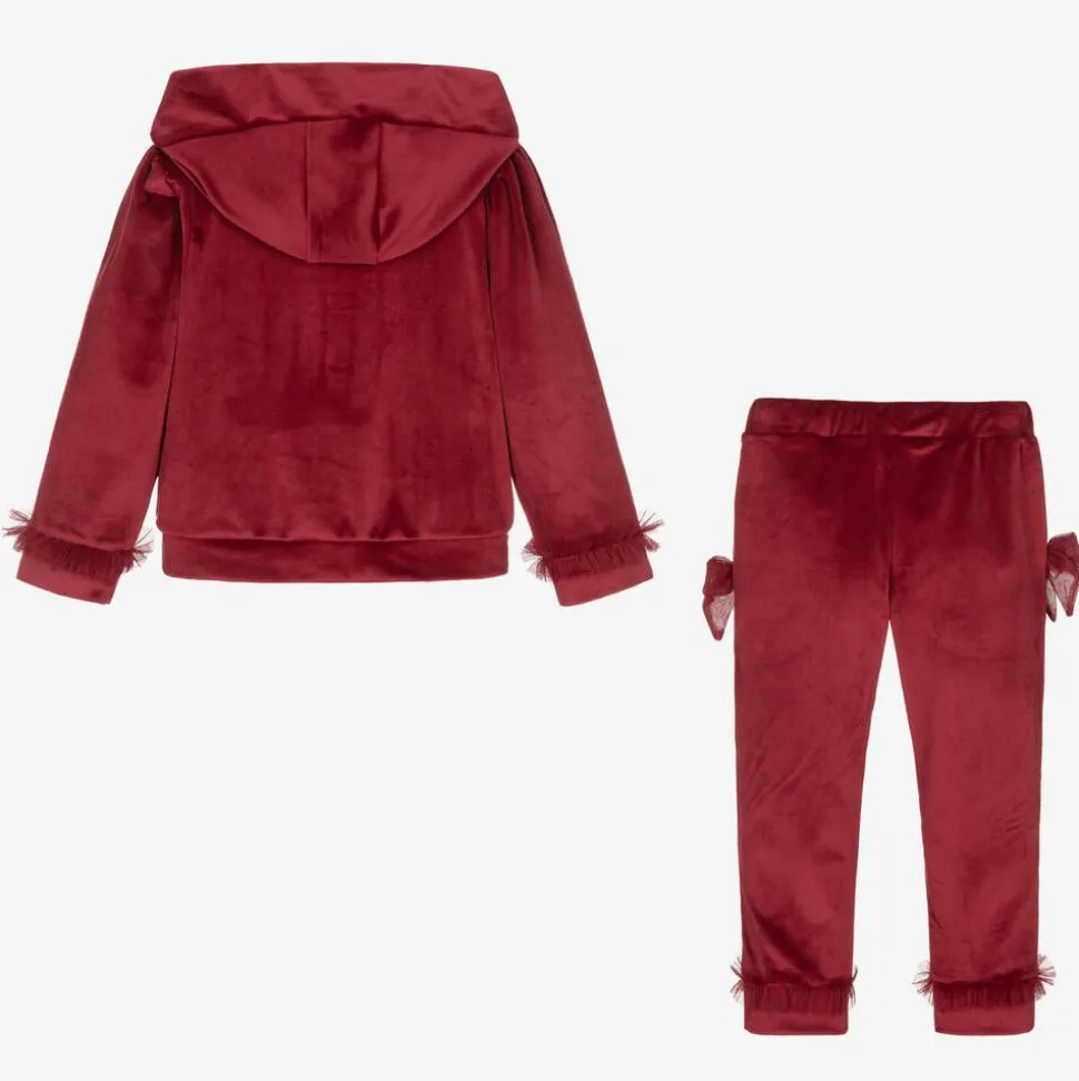 Girls Red Velour & Tulle Bow Tracksuit