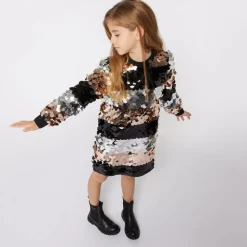 Girls Silver & Black Striped Sequin Dress