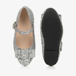 Girls Silver Glitter Bow Pumps