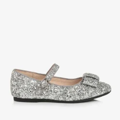 Girls Silver Glitter Bow Pumps