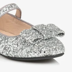 Girls Silver Glitter Bow Pumps
