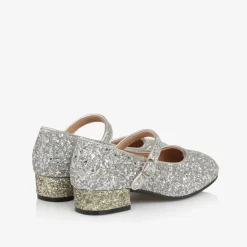 Girls Silver Glitter Heeled Shoes