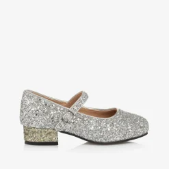 Girls Silver Glitter Heeled Shoes