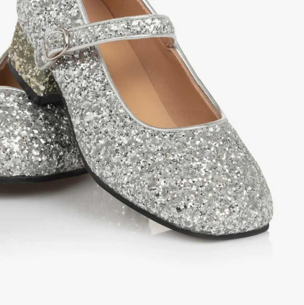 Girls Silver Glitter Heeled Shoes