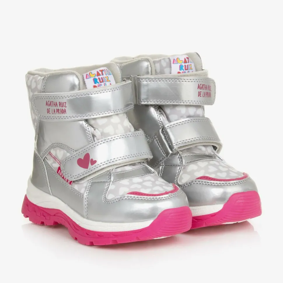Girls Silver Heart Print Snow Boots