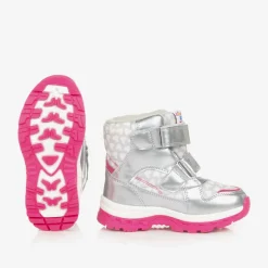 Girls Silver Heart Print Snow Boots