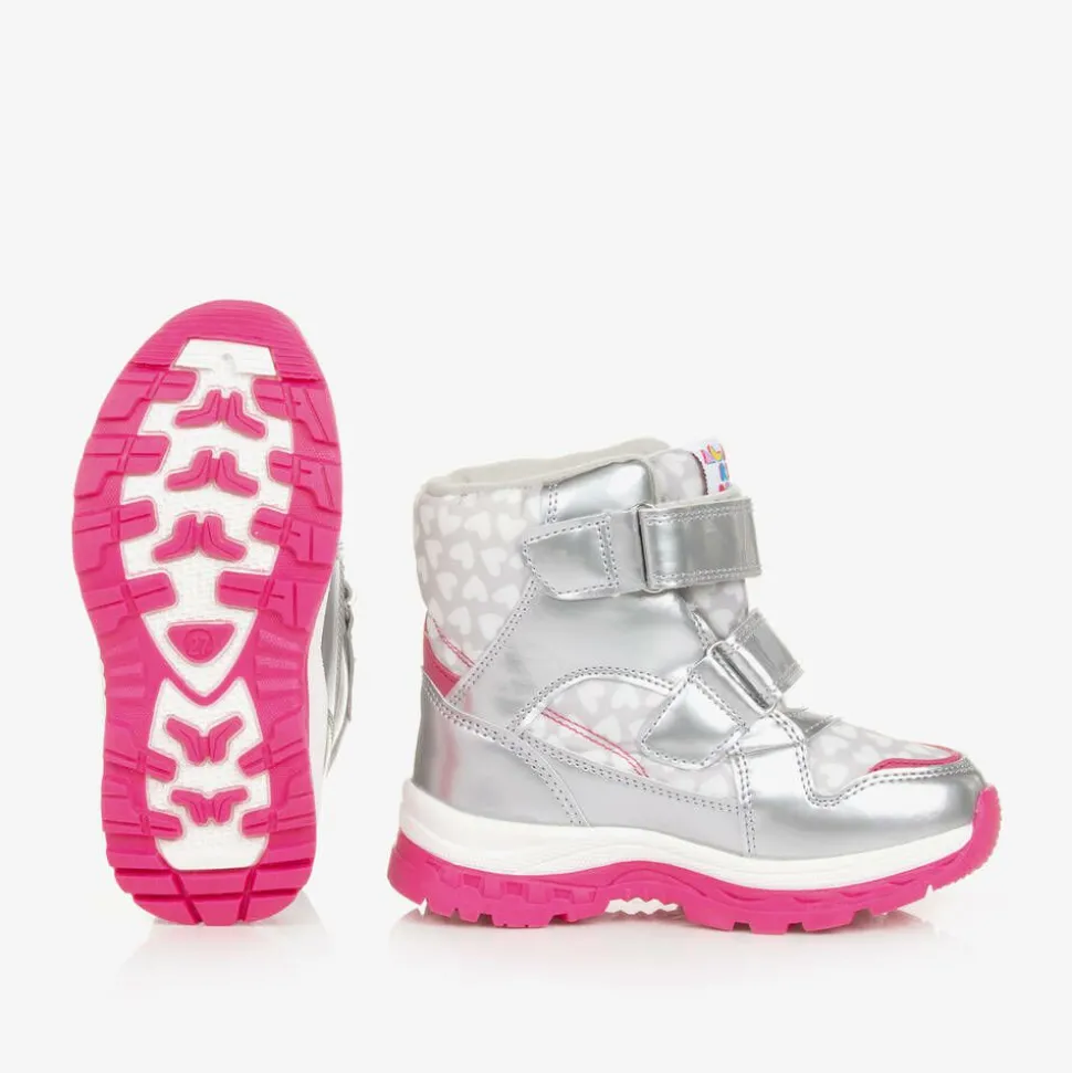 Girls Silver Heart Print Snow Boots