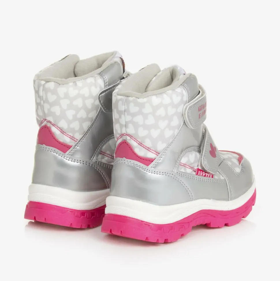 Girls Silver Heart Print Snow Boots