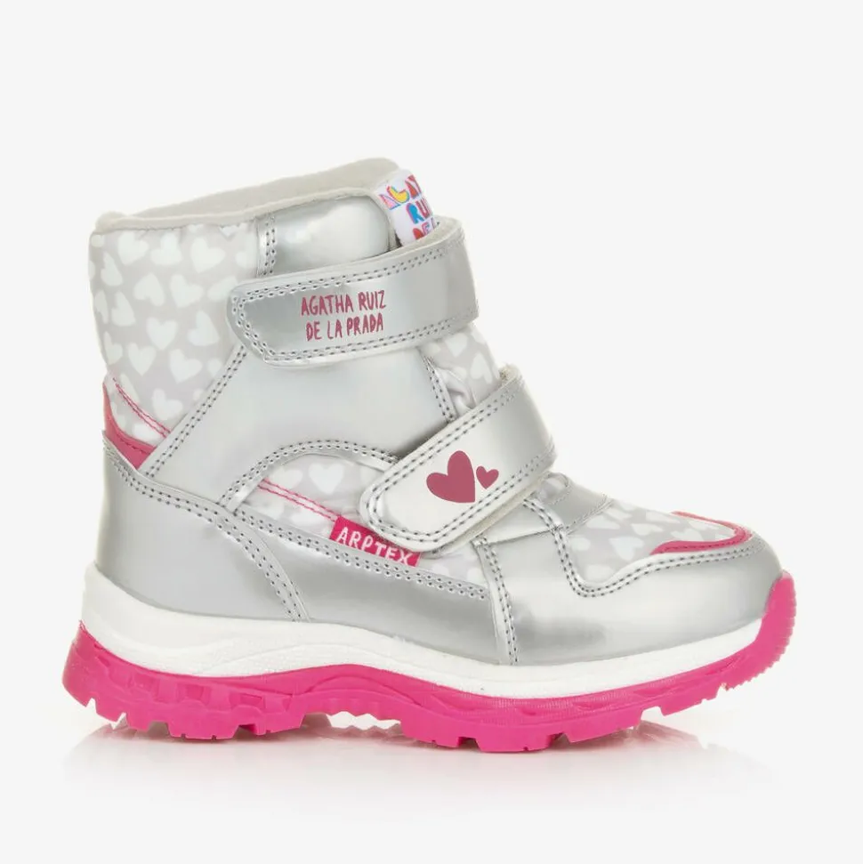 Girls Silver Heart Print Snow Boots