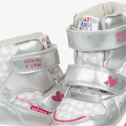 Girls Silver Heart Print Snow Boots