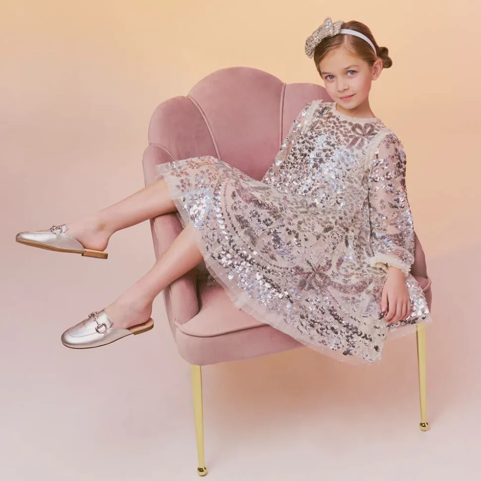 Girls Silver Leather Backless Loafers