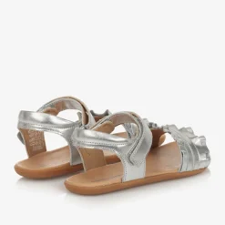 Girls Silver Leather Ruffle Sandals