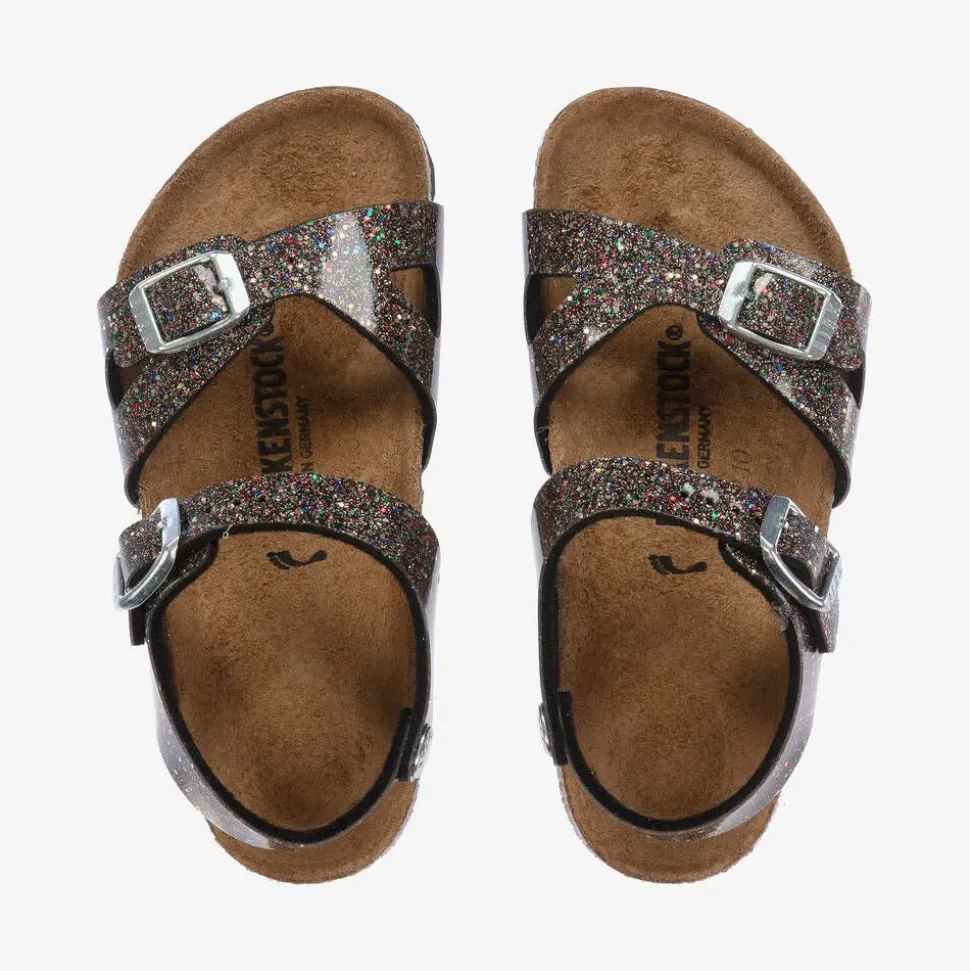 Girls Sparkly Black Buckle Sandals