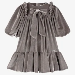 Girls Taupe Grey Velour Dress