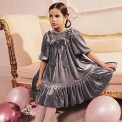 Girls Taupe Grey Velour Dress