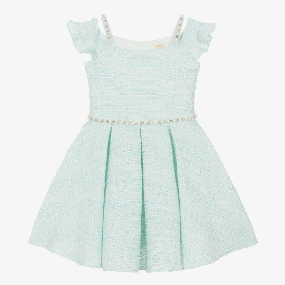 Girls Turquoise Blue Tweed Dress