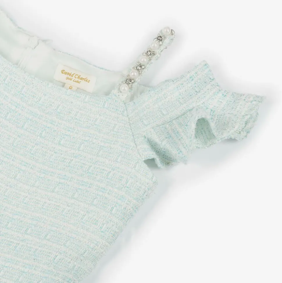 Girls Turquoise Blue Tweed Dress