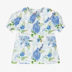 Girls White & Blue Floral Cotton Blouse